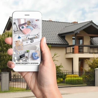 San Diego vivint phone display of cctv live feed in front of a house